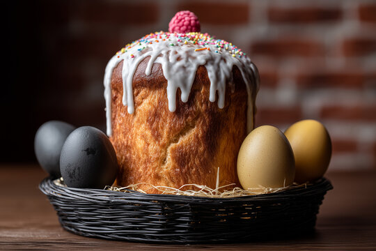 Traditional Easter kulich sweet bread cake topped with white icing, colorful sprinkles, and a raspberry, served with painted eggs in a wicker basket.