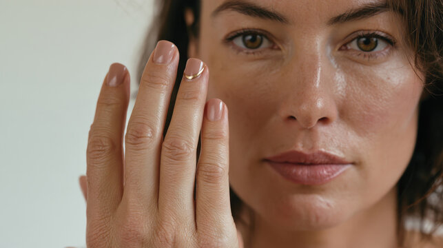 A charming woman who showcases a beautiful ring on her hand, her confident expression embodying elegance and showcasing personal style through hands and jewelry.