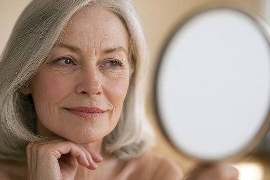 A mature woman gazes into a hand mirror, reflecting confidence, serenity, and self-appreciation, emphasizing beauty and empowerment at any age and showcasing elegance.