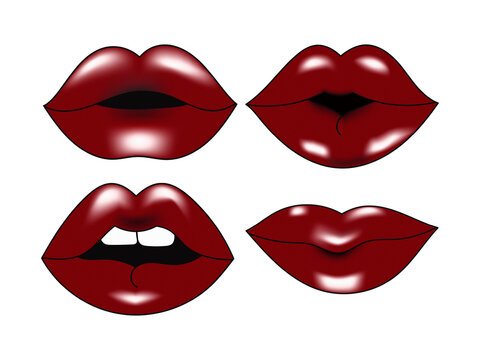Pop art red lips vector illustration set with various expressions