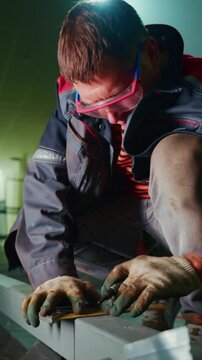 Focused Worker Performing Precision Measurements and Fabrication in a Workshop Environment, Showcasing Attention to Detail and Safety Measures with Protective Gear