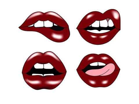 Pop art red lips vector illustration set with various expressions