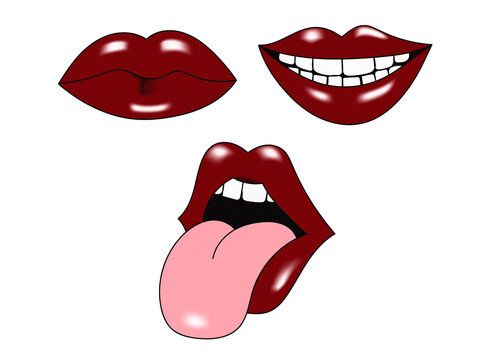 Pop art red lips vector illustration set with various expressions