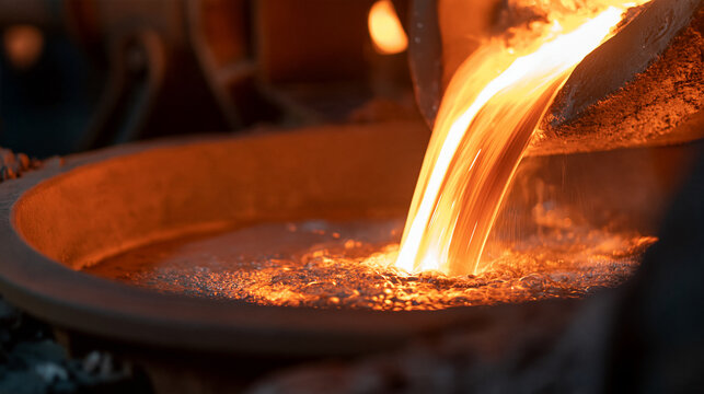 Molten steel refining in a basic oxygen furnace with visible intense heat, glowing metal, steelmaking, with copy space
