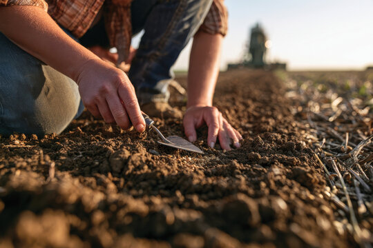 Hands are seen carefully digging in the soil, portraying a deep connection with nature and the affection of agricultural labor, highlighting the essence of cultivation.