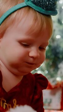 A Delightful Child Interacting with Fruit, Capturing Joy and Curiosity Amidst Holiday Cheer and Twinkling Lights in a Lively Christmas Setting