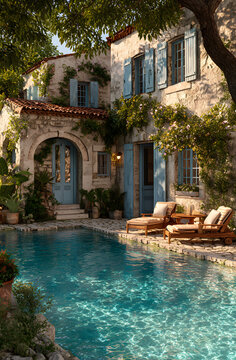 Stone holiday home in Provence with blue shutters offers pool relaxation. Two lounge chairs beside clear blue water await guests. Rich plants surrounds villa architecture, creating serene summer