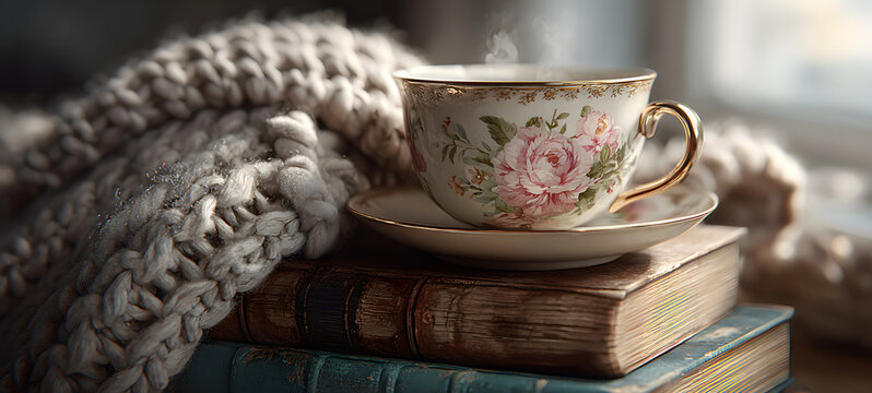 The teacup on stacked books in a cozy knitted blanket and pillow setting