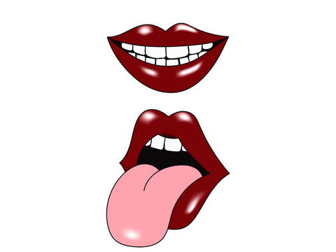Pop art red lips vector illustration set with various expressions
