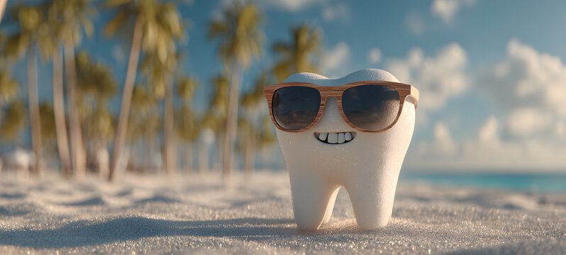 The Tooth Wearing Sunglasses Relaxing on Tropical Sunny Beach Vacation Scene