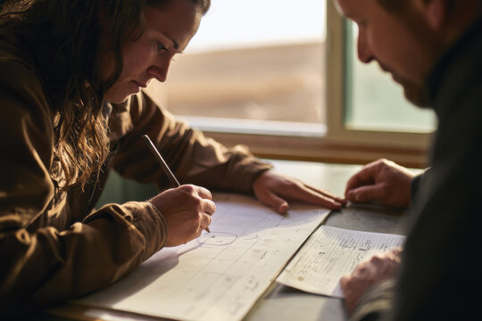 A focused individual sketches plans on paper, highlighting collaboration and strategy within a bright, sunlit workspace showcasing shared resources and teamwork.