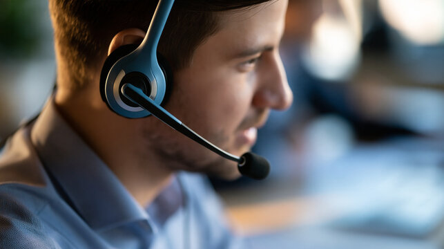 Faceless serious young man with a headset in an office, successful manager on a video conference with a client, helpline concept, customer service representative, remote work,