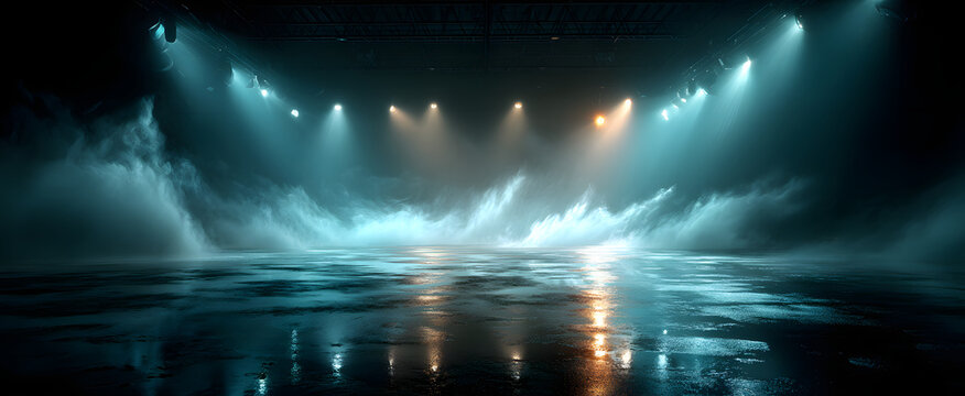 [The Blue Foggy Stage Bathed in Moody Overhead Light With Reflective Wet Floor]