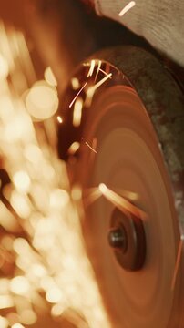Dynamic Close-Up of Grinding Wheel Producing Sparks During Metal Working Process, Capturing the Intensity and Energy of the Craftsmanship in Action