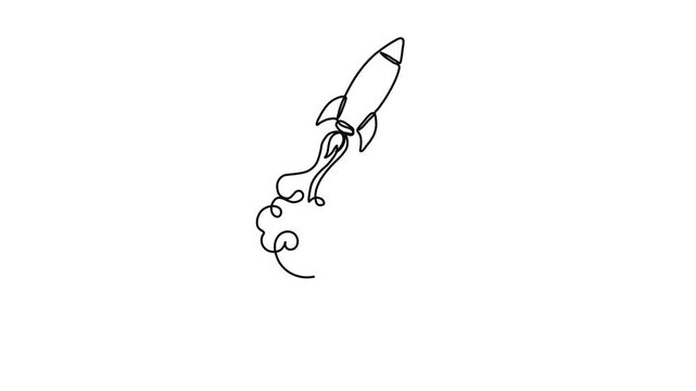 One line drawing animation of a launching rocket, minimalist continuous line art of spacecraft takeoff, vector motion graphics isolated on white background.