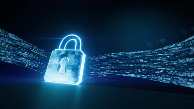 Digital security lock processing encrypted information, cybersecurity concept
