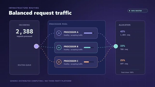 Cloud Server Load Balancer Traffic Distribution Animation Showing High Availability Cluster Routing and Network Workload Management