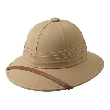 Tan pith helmet with a leather strap and ribbed dome
