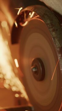 Close-up View of a Rotating Tool Sparking During Metal Grinding Process in Workshop Environment Illuminating the Surrounding Area with Fiery Sparks