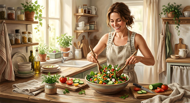 A smiling woman tossing a salad in a cozy rustic kitchen.