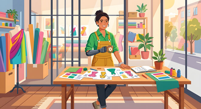 A fashion designer smiling in her creative studio