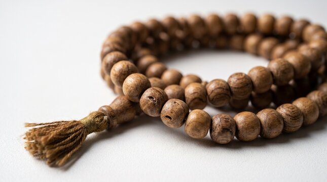 Close-up of wooden prayer beads coiled on plain white surface
