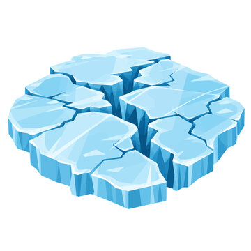 Cracked Frozen Lake Ice Surface with Deep Fractures and Broken Ice Sheets, Blue Winter Ice Floe Flat Vector Illustration Isolated on White Background
