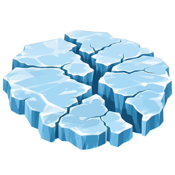 Cracked Frozen Lake Ice Surface with Deep Fractures and Broken Ice Sheets, Blue Winter Ice Floe Flat Vector Illustration Isolated on White Background