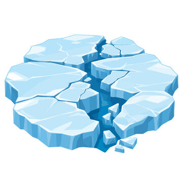 Cracked Frozen Lake Ice Surface with Deep Fractures and Broken Ice Sheets, Blue Winter Ice Floe Flat Vector Illustration Isolated on White Background