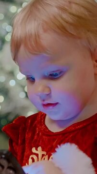 A Young Child in a Red Velvet Outfit Engaged with a Smartphone, Illuminated by a Soft Blue Glow Amidst a Softly Lit Holiday Backdrop