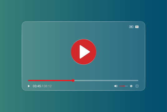 Modern Glassmorphism Video Player UI Template with Transparent Glass Effect, Play Button, Progress Bar, Volume Control, 4K and Fullscreen Icons