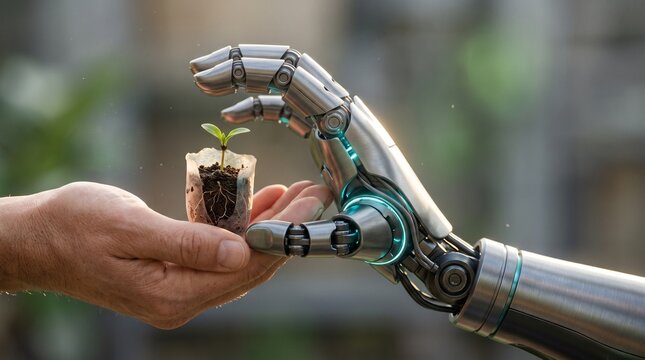 Robotic metal hand and human hand gently holding a small green plant sprout together, symbolizing technology and nature harmony