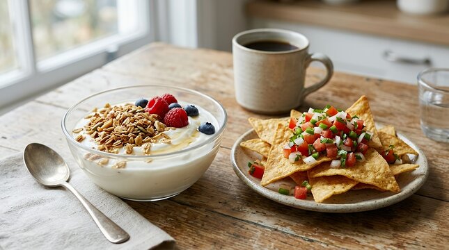 A mouth-watering morning meal pairing: a fermented dairy cup layered with toasted grains beside a pile of crispy maize triangles garnished with raw vegetable relish. A tantalizing divergence of