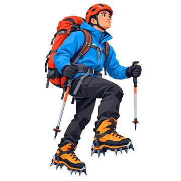 Winter Mountain Climber Wearing Blue Jacket and Red Backpack with Trekking Poles Flat Vector Illustration on White Background