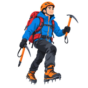 Adventurous Ice Mountain Climber with Orange Helmet Blue Jacket and Dual Ice Axes Flat Vector Illustration Isolated on White