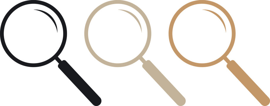 Magnifying glass icon set with black tan and brown color variations for zoom search and research vector illustration.