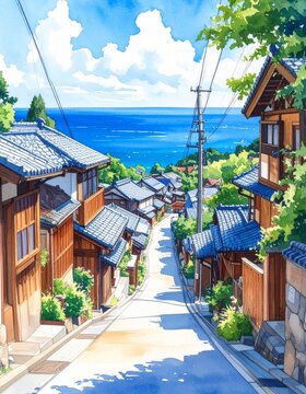 Watercolor painting of traditional Japanese coastal village overlook blue ocean