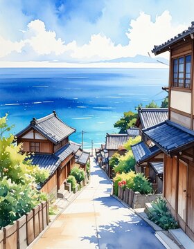 Watercolor painting of traditional Japanese coastal village overlook blue ocean