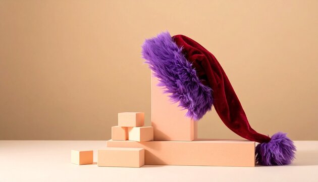 Purple Santa hat draped over pink geometric blocks on beige