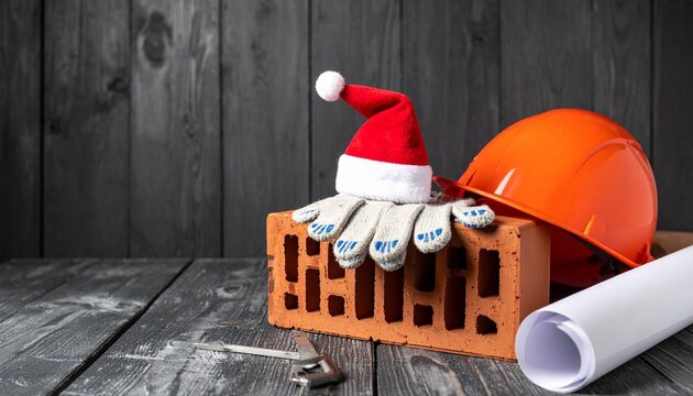 Santa hat on work gloves, bricks, hard hat and blueprints