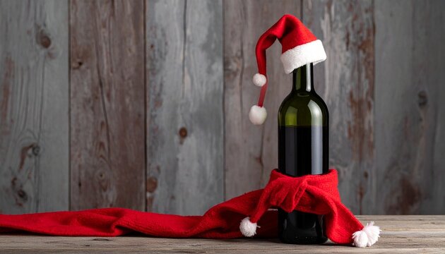 Wine bottle wearing Santa hat and cape on rustic wooden background