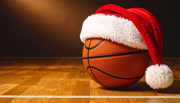 Basketball wearing a Santa hat on polished hardwood court, warm lighting
