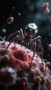 Spider-like robot with faceted cube head walking across textured terrain. Robotic insect concept. Artificial intelligence and autonomous technology. Science fiction, futuristic robotics.