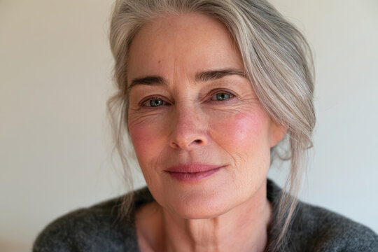 A serene portrait of an elegant older woman with striking silver hair and a warm smile, showcasing natural beauty and confidence in her expression and demeanor.
