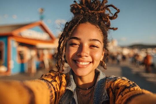 Close up of a happy young Black woman taking a selfie while pointing outdoors