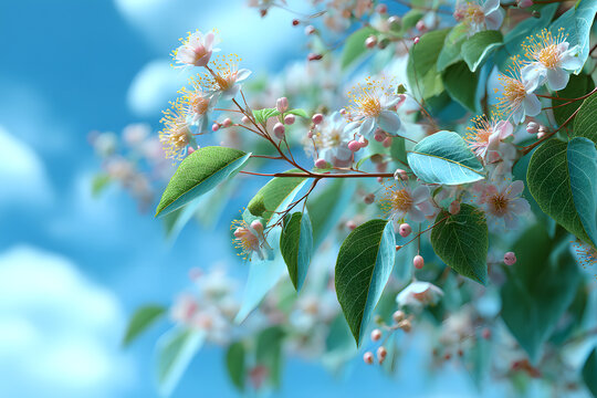 Young leaves and blossoms against a backdrop of blue sky and white clouds embodying summer travel in nature