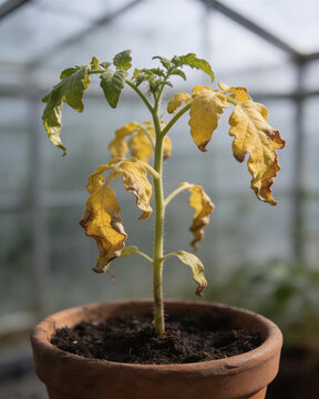 Unhealthy wilted tomato seedlings yellow leaves in a clay pot showing symptoms of nitrogen deficiency and root rot in a greenhouse.