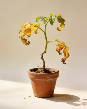 Close-up of wilted tomato seedlings yellow leaves suffering from dehydration and nutrient deficiency in a terracotta pot on a clean background.