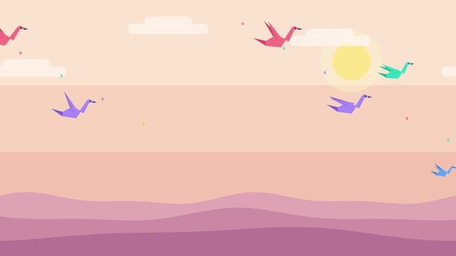 Colorful origami paper birds flying across a pastel sunset sky