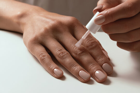A close-up image highlighting the delicate action of a hand applying nail polish, showcasing the artistry and meticulous care involved in personal grooming and self-expression.